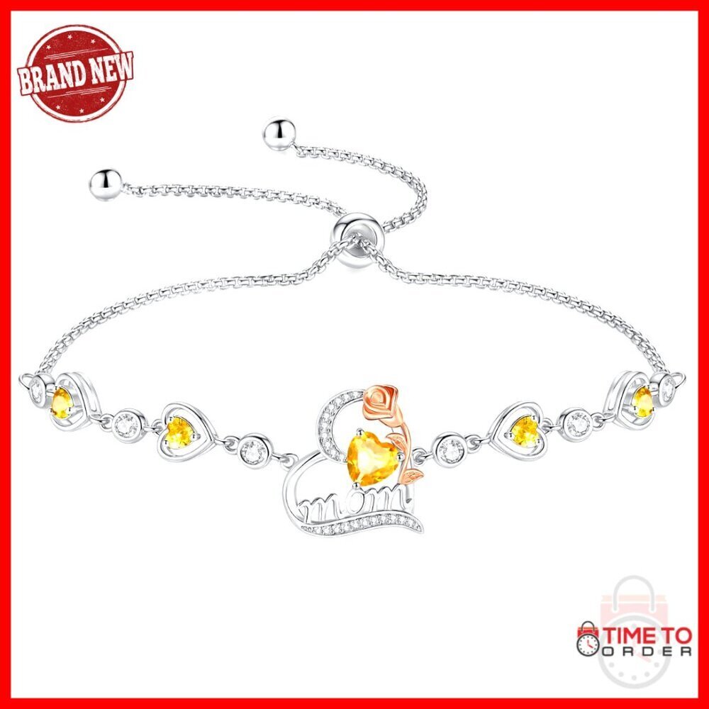 Sterling Silver Citrine Birthstone Heart Bracelet Adjustable 9 Inches